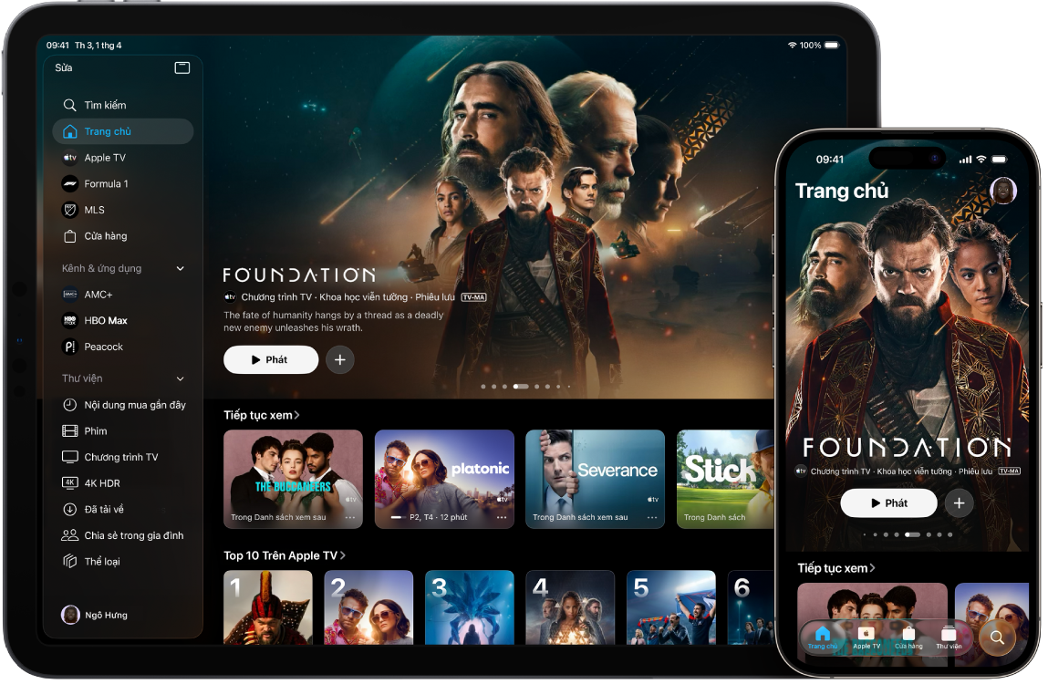 iPad và iPhone đang hiển thị ứng dụng Apple TV