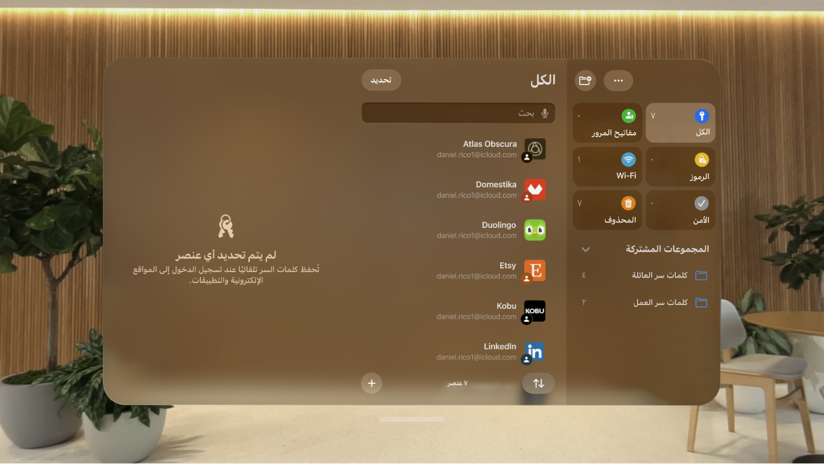 تطبيق كلمات السر على Apple Vision Pro. الحسابات مُرتبة أبجديًا.