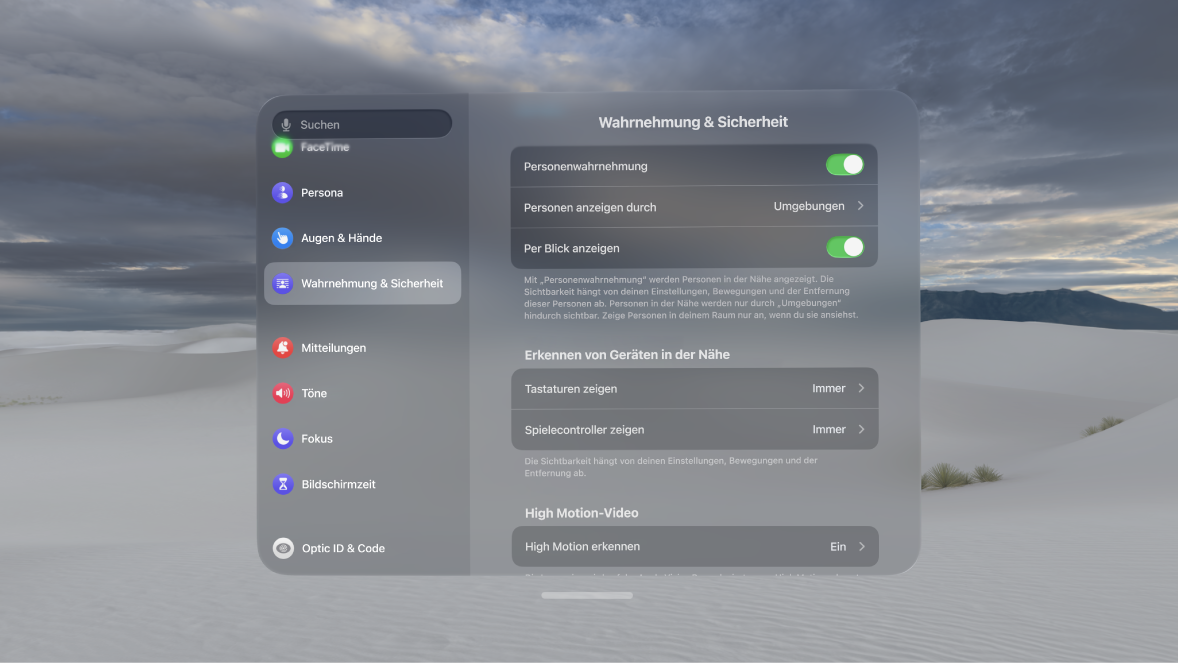Die Einstellungen für „Personenwahrnehmung“ auf der Apple Vision Pro. Du kannst „Personenwahrnehmung“ aktivieren oder deaktivieren; angeben, wann Personen angezeigt werden; „Per Blick anzeigen“ aktivieren oder deaktivieren und dein personalisiertes EyeSight löschen.