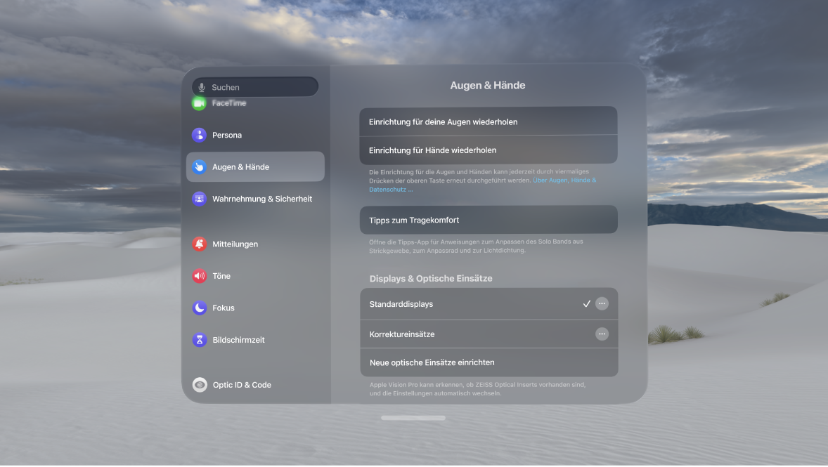 Die Einstellungen „Augen & Hände“ mit Optionen zum erneuten Ausführen der Einrichtung der Augen und Hände, zum Ändern der Einstellungen für die Handeingabe und mehr.