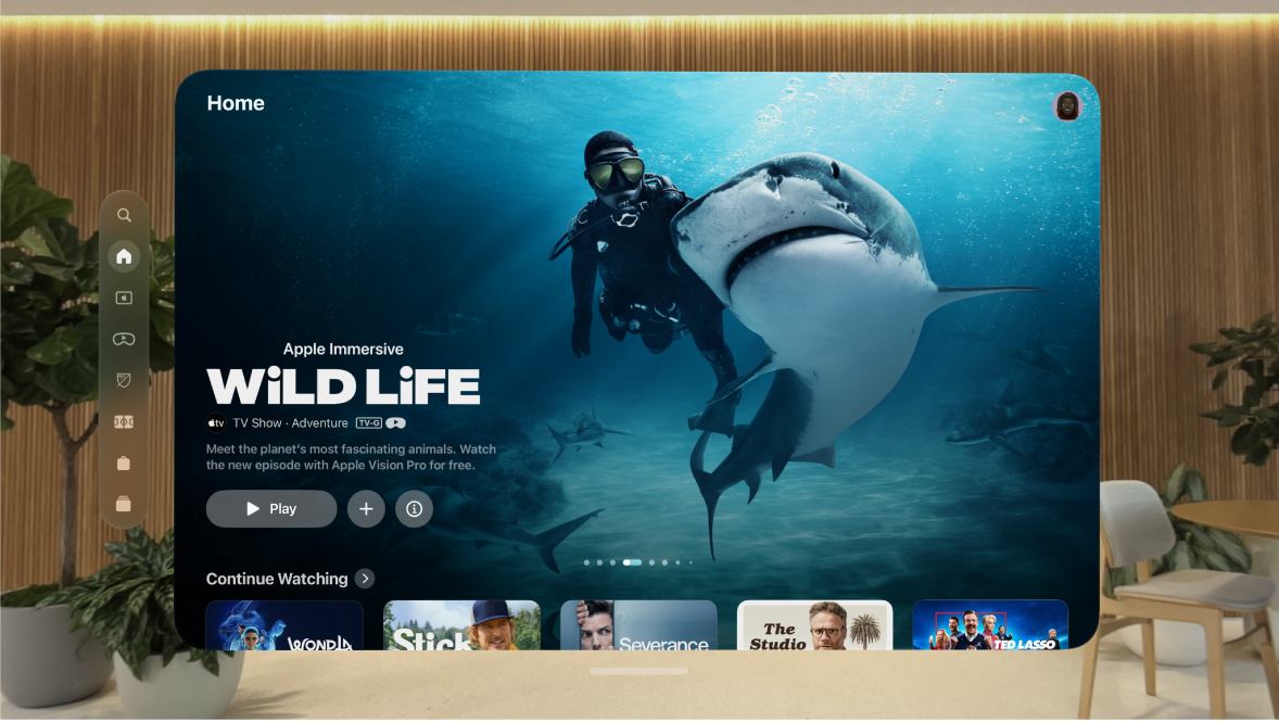 The Apple TV app on Apple Vision Pro, showing the Home tab. There are several shows visible to choose from.