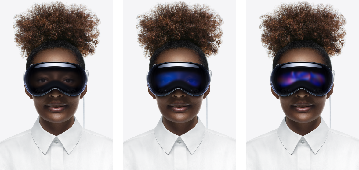 Three views of EyeSight on Apple Vision Pro. On the left, the person’s personalised EyeSight is visible, which lets others know that the person can see them. In the middle, their personalised EyeSight is dimmed to let others know they’re working in apps and may not be able to see them. On the right, their personalised EyeSight is completely hidden to let others know that they’re fully immersed.