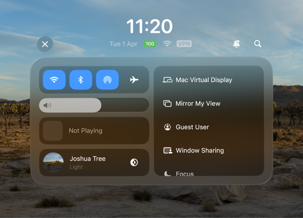 Control Centre open with a list of controls on the right side, including Siri, Mac Virtual Display, Mirror My View and Guest User.
