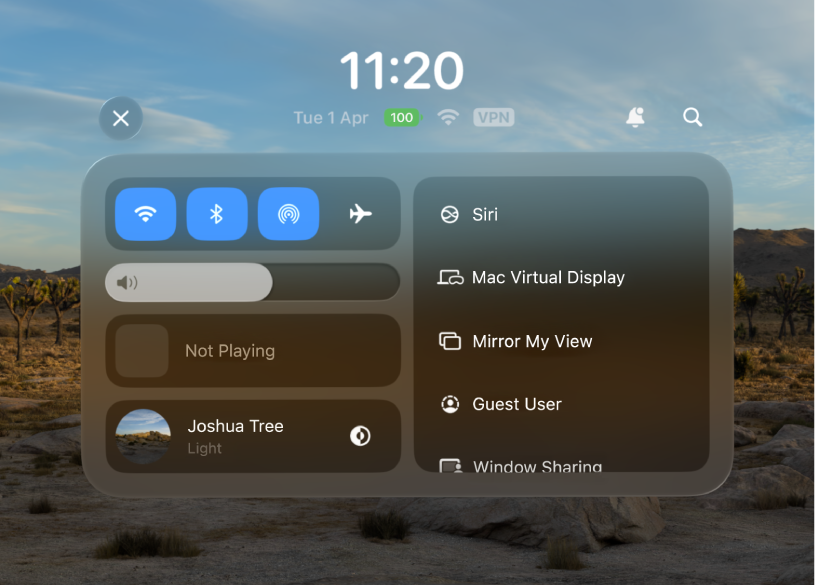 Control Centre at the top of the view, with options for turning Wi-Fi and Bluetooth on or off, adjusting volume, adjusting your Environment and more. The date, time and battery level are visible above Control Centre.