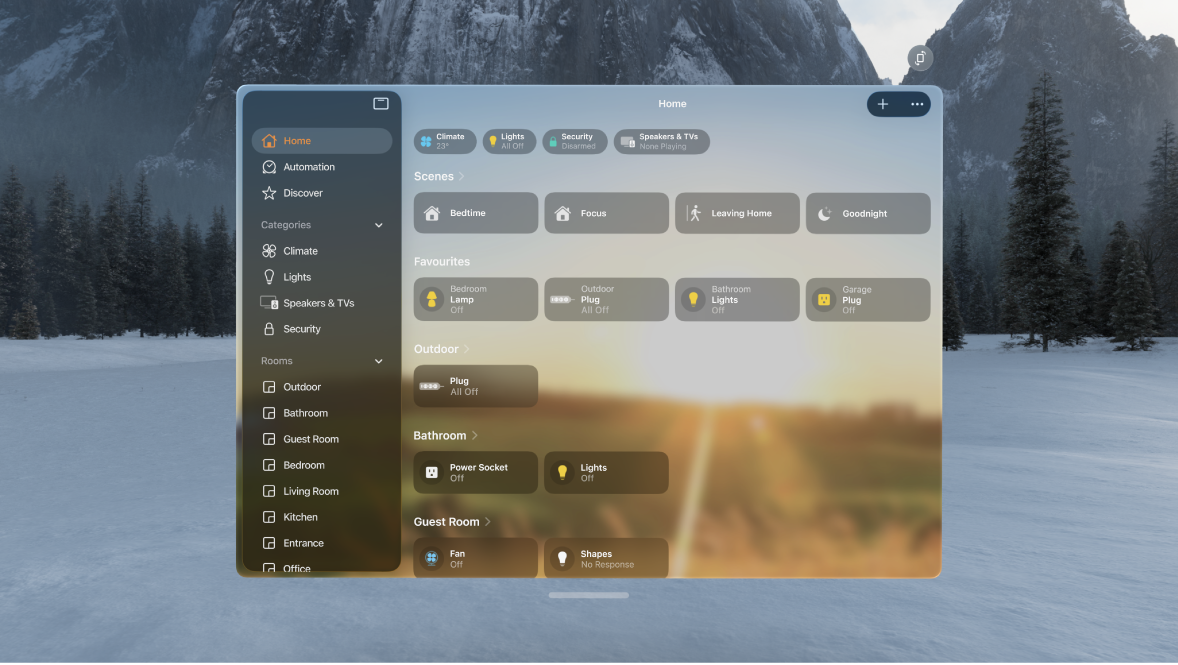 The Home app on Apple Vision Pro, showing a home with accessories sorted in categories and rooms.