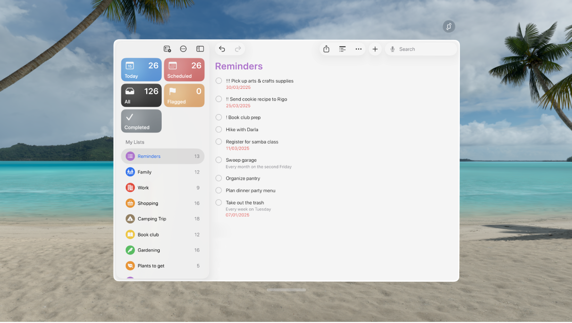The Reminders app on Apple Vision Pro, showing a list of unchecked reminders.