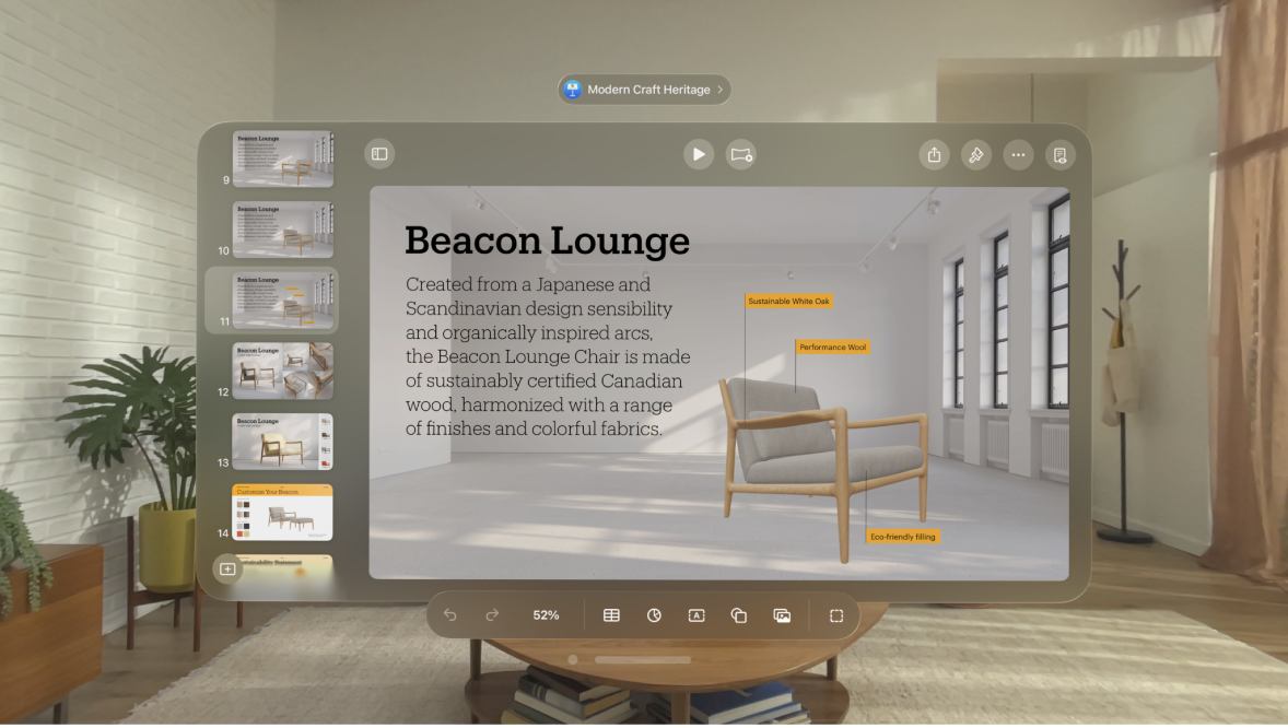 The Keynote app on Apple Vision Pro, showing an open presentation in editing view, with the toolbar visible at the bottom.