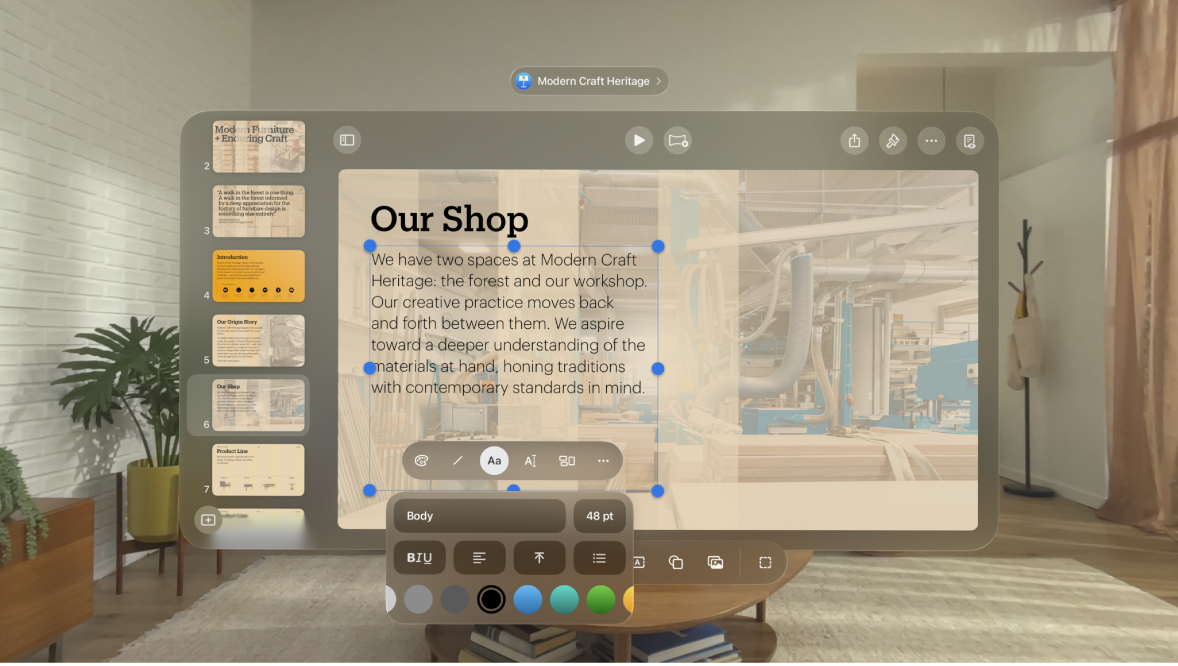The Keynote app on Apple Vision Pro, showing the format bar for a selected text box, with options to change the font, style, size, color, and more.