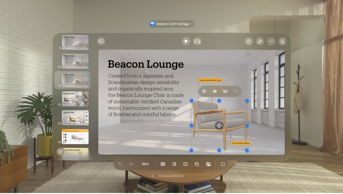 The Keynote app on Apple Vision Pro, showing a selected 3D object, with the format bar above it and the toolbar below it.