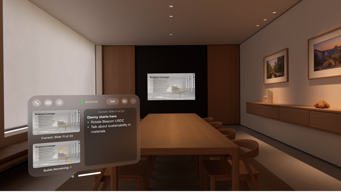 The Keynote app on Apple Vision Pro, with the Conference Room Environment showing and the presenter display visible from the viewer’s position.
