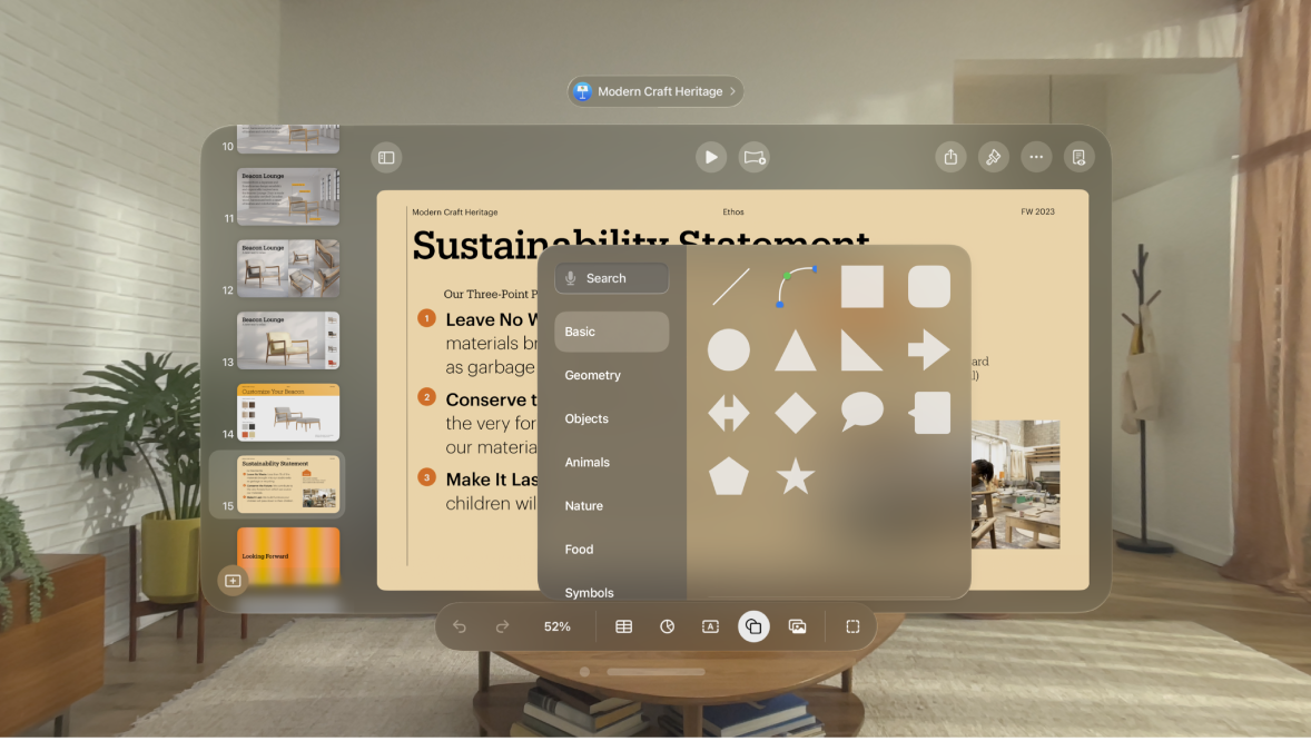 The Keynote app on Apple Vision Pro, showing the shapes library.