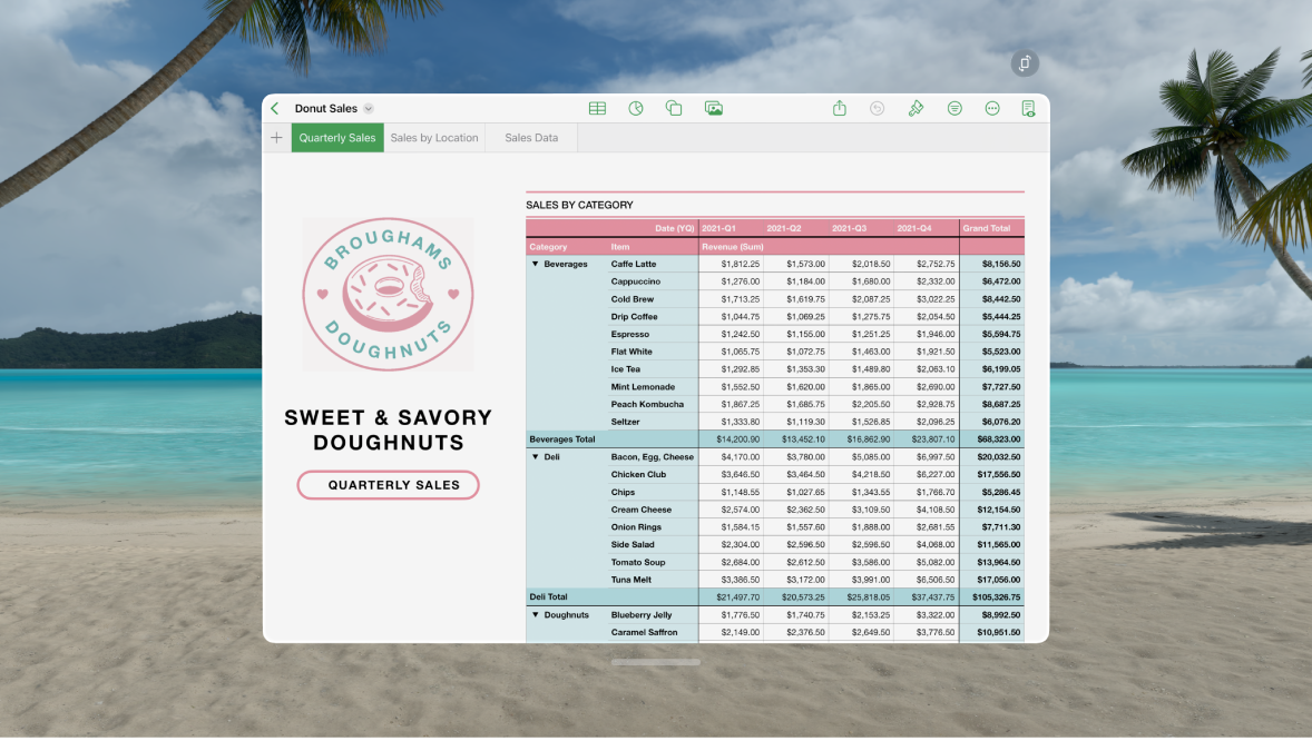 The Numbers app on Apple Vision Pro, showing an open spreadsheet and formatting controls at the top.