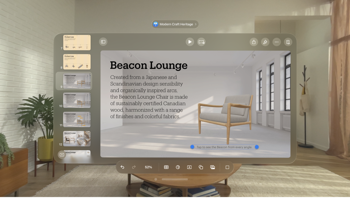 The Keynote app on Apple Vision Pro, showing an object with a caption below it.