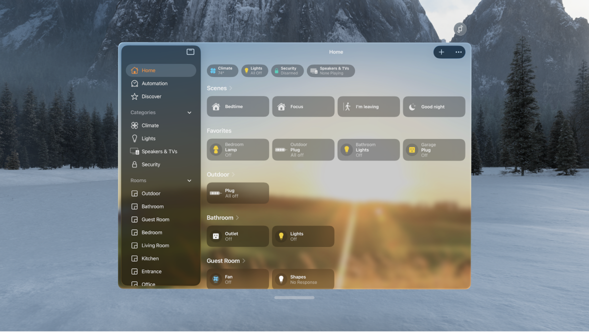 The Home app on Apple Vision Pro, showing a home with accessories sorted in categories and rooms.