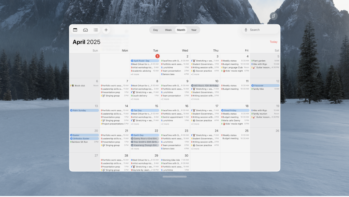 The Calendar app on Apple Vision Pro, showing a month of events.