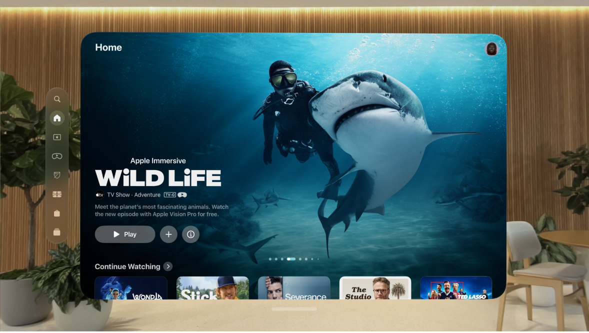The Apple TV app on Apple Vision Pro, showing the Home tab. There are several shows visible to choose from.