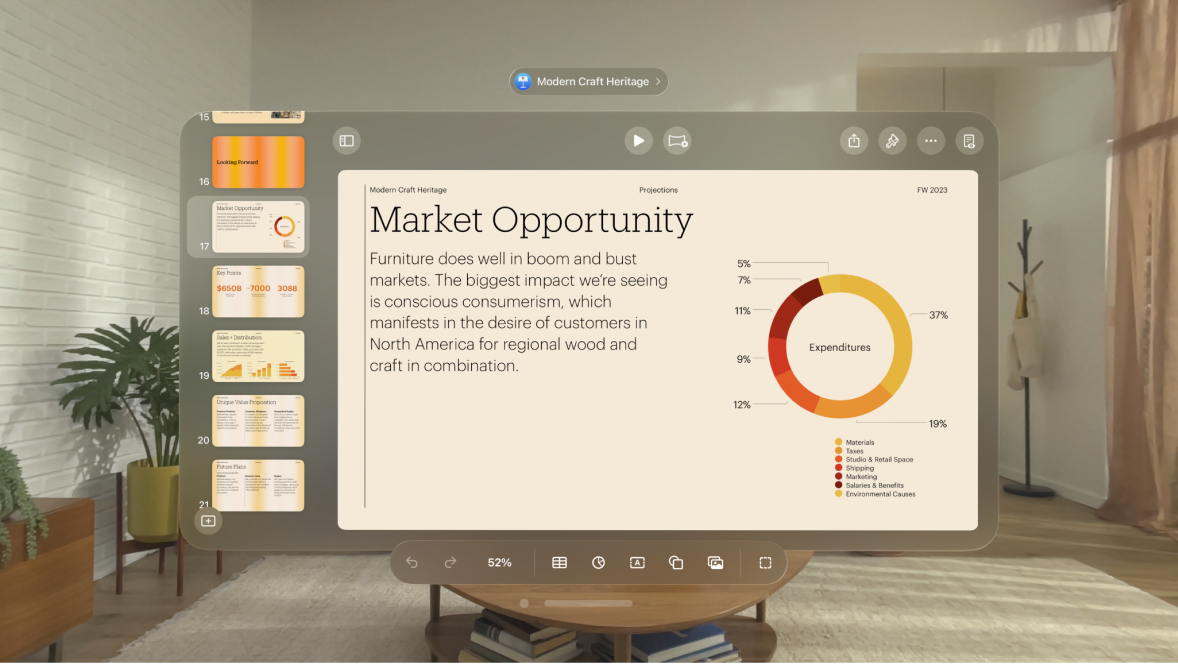 The Keynote app on Apple Vision Pro, showing a chart with a legend.