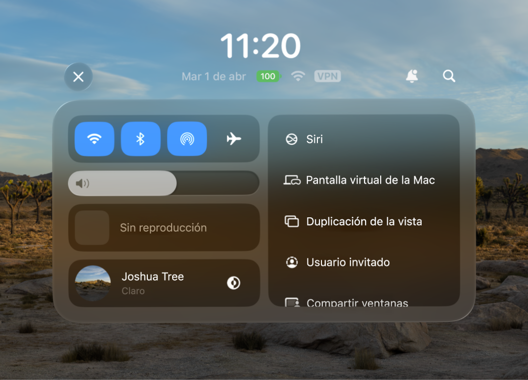 El centro de control en el Apple Vision Pro con el botón de Siri visible en la parte derecha.