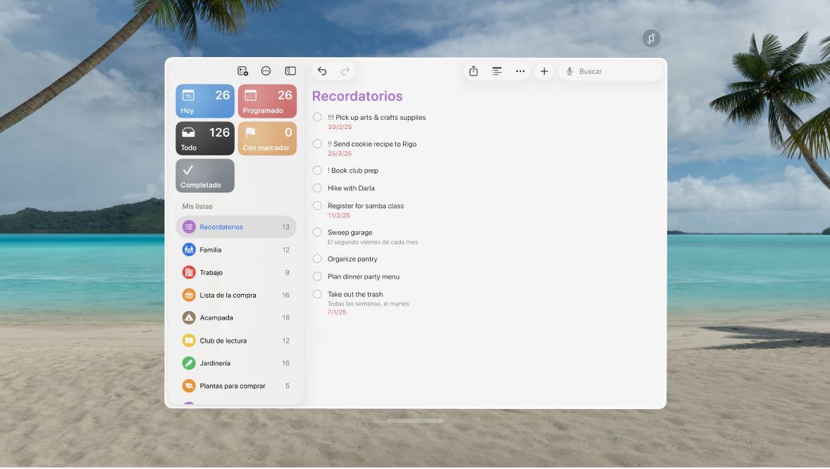 App Recordatorios del Apple Vision Pro con una lista de recordatorios sin marcar.