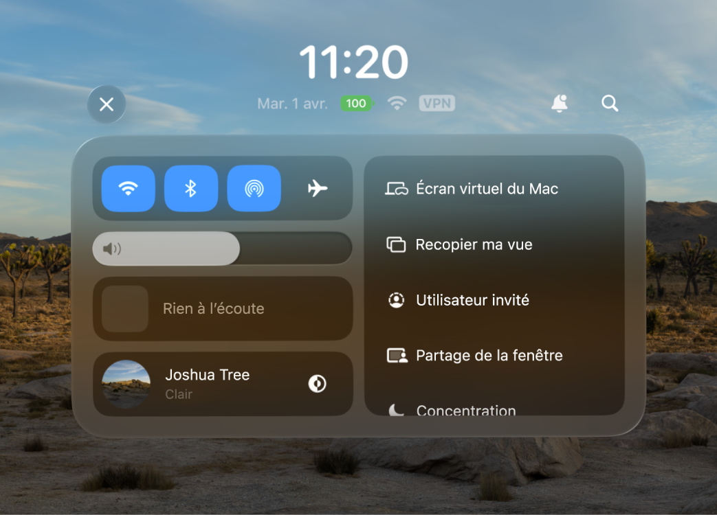 Le centre de contrôle sur l’Apple Vision Pro, avec un curseur de volume près du coin supérieur gauche.
