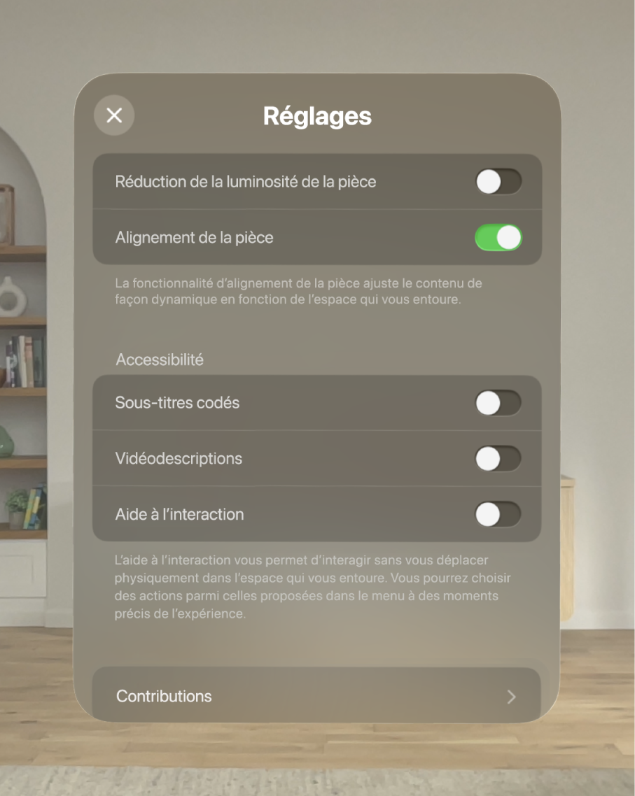 Les réglages de l’expérience « À la rencontre des dinosaures », avec des options pour régler la réduction de la luminosité et l’alignement de la pièce en plus d’activer les sous-titres codés, les vidéodescriptions et l’aide à l’interaction.
