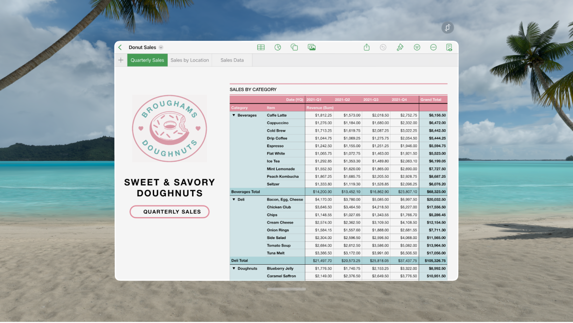L’app Numbers sur l’Apple Vision Pro affiche une feuille de calcul ouverte surplombée par des commandes de mise en forme.