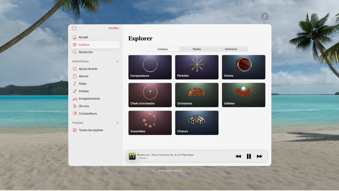 L’app Apple Music Classical sur l’Apple Vision Pro, présentant les options Catalogue dans l’onglet Parcourir.