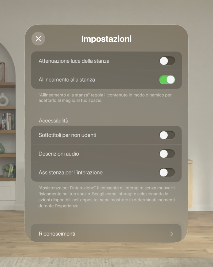 Le Impostazioni di A tu per tu con i dinosauri, con opzioni per regolare l’oscuramento e l’allineamento della stanza, oltre a quelle per i sottotitoli, per le descrizioni e per l’interazione assistita.