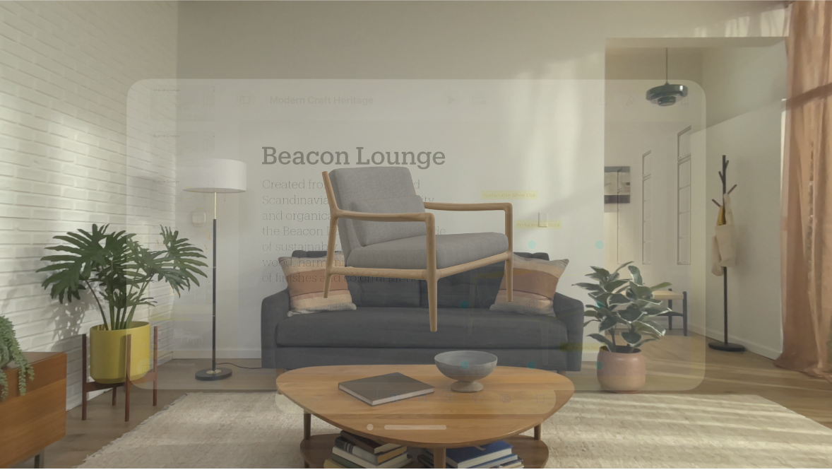 L’app Keynote su Apple Vision Pro che mostra un oggetto 3D al centro della finestra.