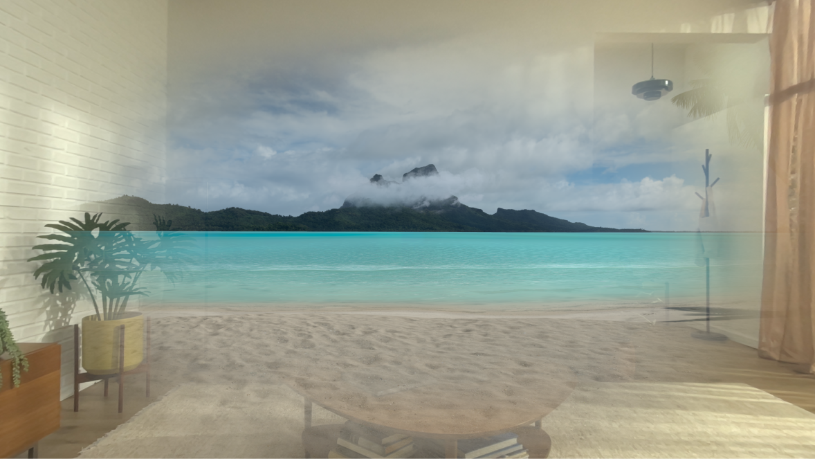 Un ambiente con immersione parziale, per consentire al soggiorno di essere visibile sullo sfondo.