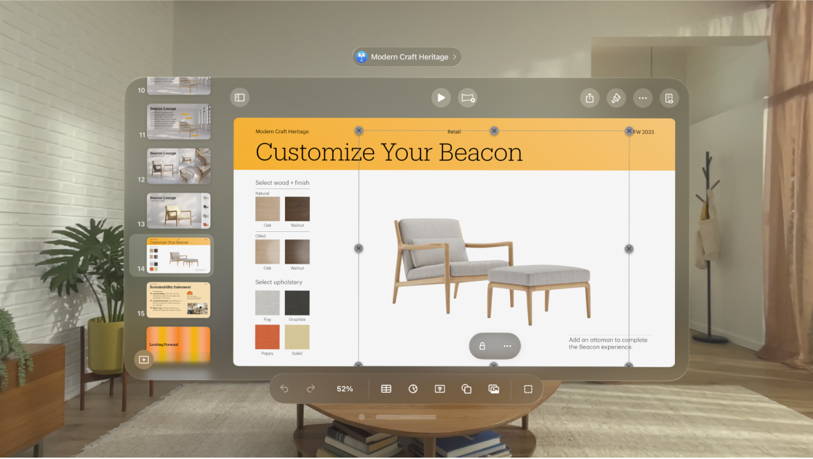 Apple Vision Pro 上的 Keynote App 顯示帶有鎖定物件的投影片，其中格式列中包括解鎖該物件的選項。
