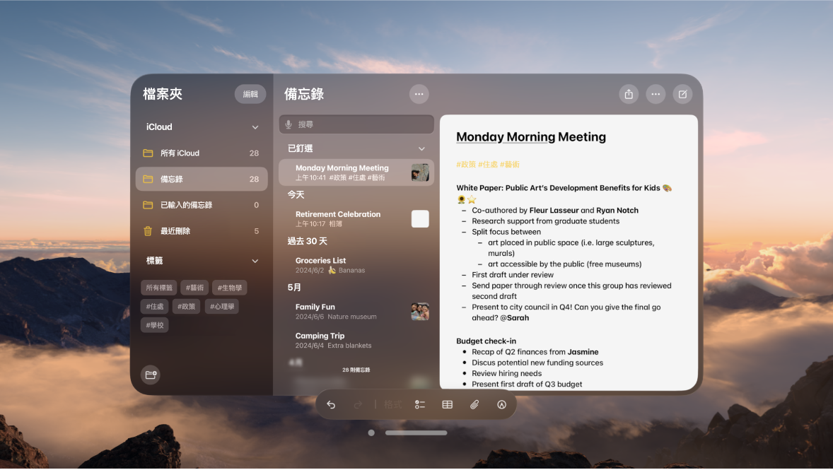 使用者在 Apple Vision Pro 上的顯示畫面。可以看到一個 App 的視窗，「環境」在背景中顯示。