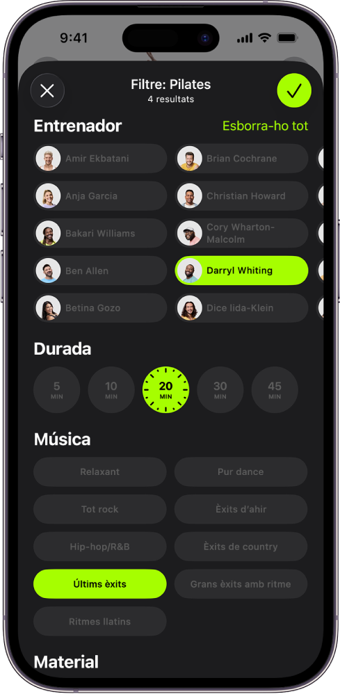 A la pantalla de l’Apple Fitness+ es mostren les opcions per ordenar i filtrar els entrenaments. A la part superior de la pantalla hi ha una llista d’entrenadors. Els intervals de temps són al centre de la pantalla. A sota de la durada hi ha una llista de gèneres musicals.