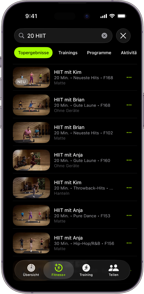 Der Bildschirm zum Suchen in Apple Fitness+ zeigt ein oben ein Suchfeld. Der Bereich „Aktivitätsarten“ unten zeigt empfohlene Aktivitätsarten. Darunter befindet sich der Bereich „Entdecken“ mit sechs Kategorien.