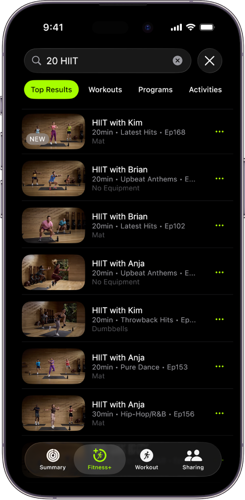 The Search screen in Apple Fitness+ showing a search field at the top. The Activity Types section below shows featured activity types. The Discover section below shows six categories.