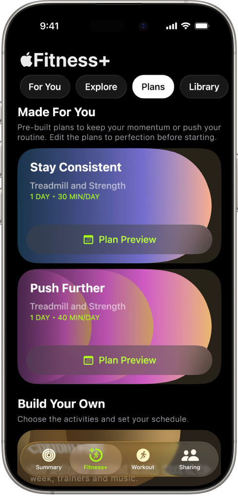 The Plans screen in Apple Fitness+ showing an active workout plan at the top of the screen. Buttons to start the workout and view the workout plan appear below the workout details.