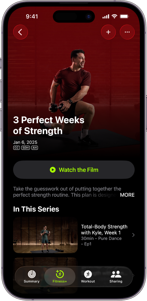 The Apple Fitness+ screen showing a workout program. The program title, a button to watch a preview of the program and the description are at the centre of the screen. A row of workout episodes is at the bottom of the screen.