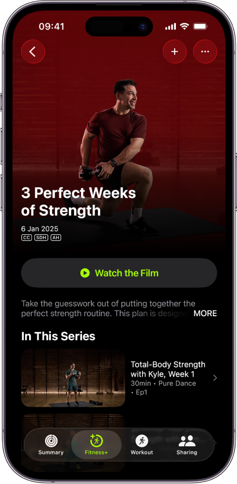 The Apple Fitness+ screen showing a workout programme. The programme title, a button to watch a preview of the programme and the description are at the centre of the screen. A row of workout episodes is at the bottom of the screen.