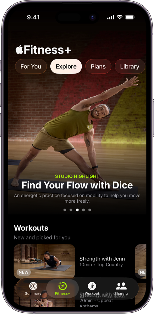 The Explore screen in Apple Fitness+ showing a featured workout program. New workouts appear at the bottom of the screen.