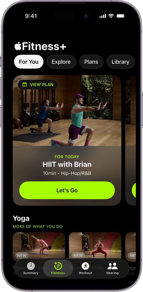 The For You screen in Apple Fitness+ showing a workout in a Custom Plan and recommended Yoga workouts.
