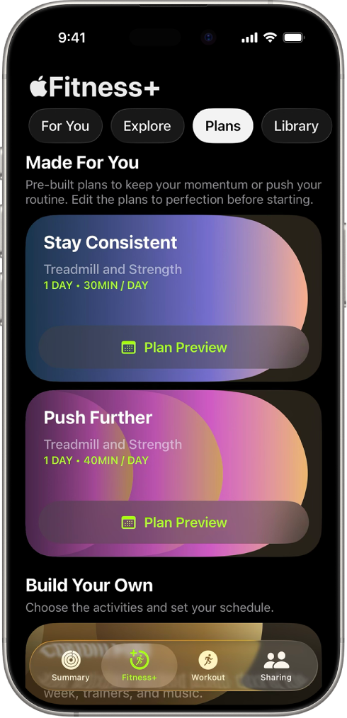 The Plans screen in Apple Fitness+ showing an active workout plan at the top of the screen. Buttons to start the workout and view the workout plan appear below the workout details.