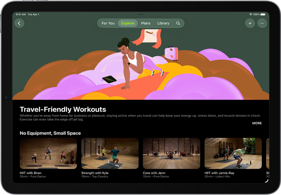 The Apple Fitness+ screen showing a Mindful Cooldown collection. The collection title and description are at the center of the screen. Below the collection title are rows of workouts.