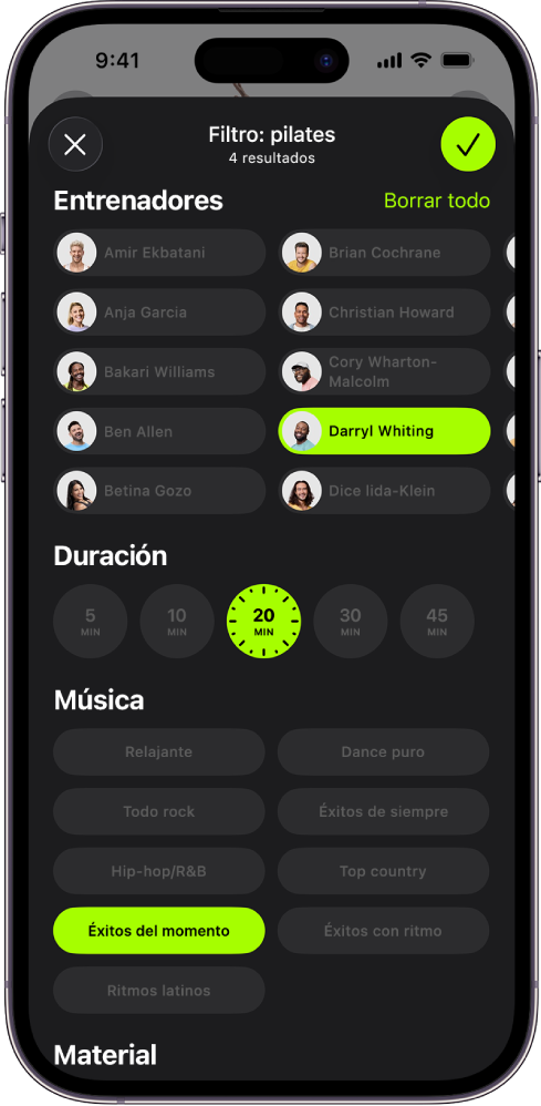 Pantalla de Apple Fitness+ con las opciones para ordenar y filtrar los entrenos. En la parte superior de la pantalla hay una lista de entrenadores. Los intervalos de tiempo se muestran en el centro de la pantalla. Debajo de Tiempo hay una lista de géneros musicales.