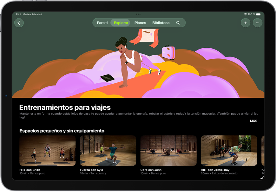 La pantalla de Apple Fitness+ muestra una colección de sesiones de recuperación consciente. El título y la descripción de la colección se muestra en el centro de la pantalla. Debajo del título de la colección están las filas de entrenos.