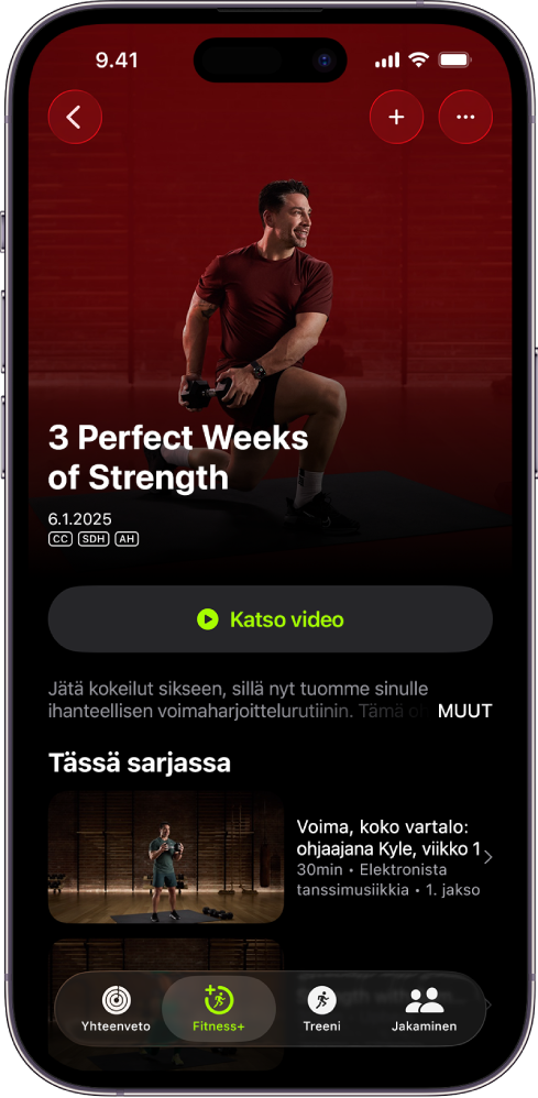 Apple Fitness+ -näytöllä näkyy treeniohjelma. Ohjelman nimi, ohjelman esikatselupainike ja ohjelman kuvaus ovat näytön keskellä. Näytön alareunassa on rivi treenijaksoja.