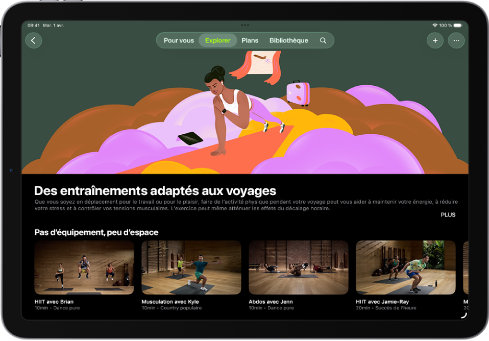 L’écran d’Apple Fitness+ montrant une collection d’étirements en pleine conscience. Le titre et la description de la collection s’affichent au milieu de l’écran. Les rangées d’entraînements s’affichent en dessous du titre de la collection.