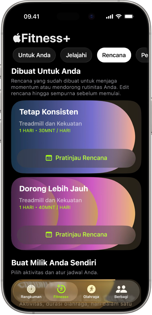 Layar Rencana di Apple Fitness+ yang menampilkan rencana olahraga aktif di bagian atas layar. Tombol untuk memulai olahraga dan melihat rencana olahraga muncul di bawah detail olahraga.