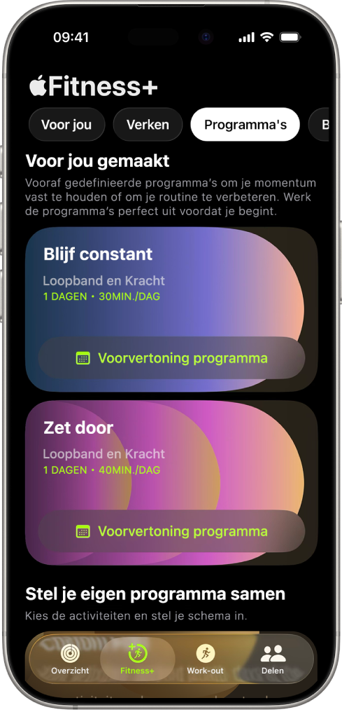 Het scherm 'Programma's' in Apple Fitness+, met een actief work‑outprogramma boven in het scherm. Knoppen om de work‑out te starten en het work‑outprogramma te bekijken, worden onder de work‑outinformatie weergegeven.