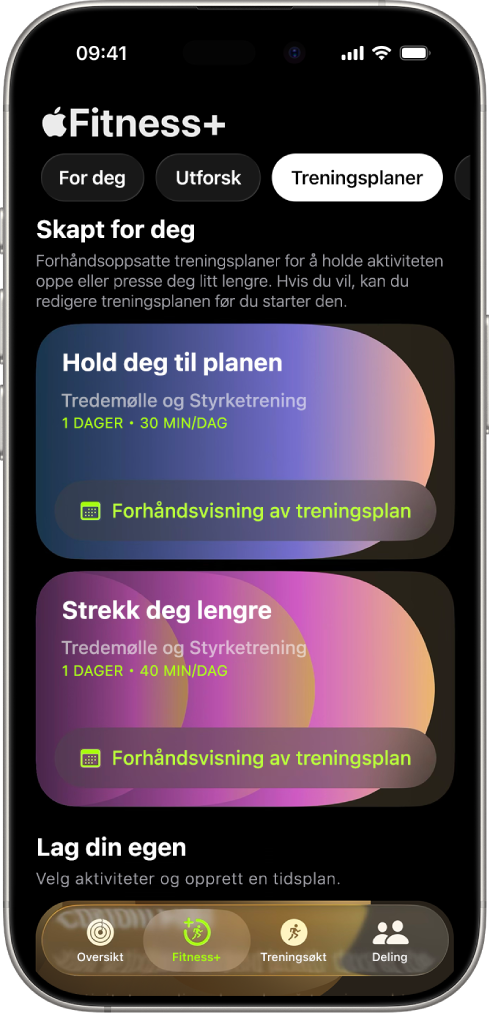 Treningsplaner-skjermen i Apple Fitness+ viser en aktiv treningsplan øverst på skjermen. Knapper for å starte treningsøkten og se treningsplanen vises under treningsdetaljene.
