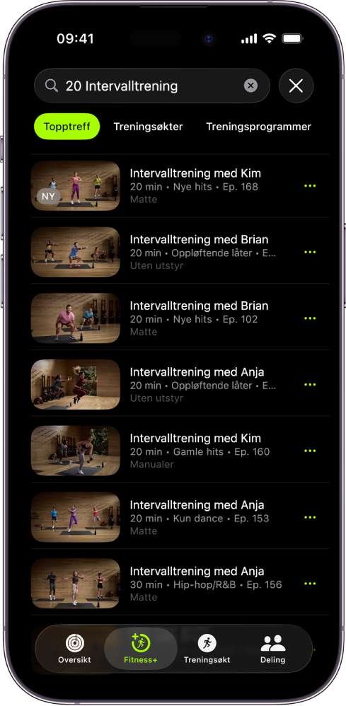 Søk-skjermen i Apple Fitness+ viser et søkefelt øverst. Aktivitetstyper-delen nedenfor viser aktuelle aktivitetstyper. Oppdag-delen nedenfor viser seks kategorier.